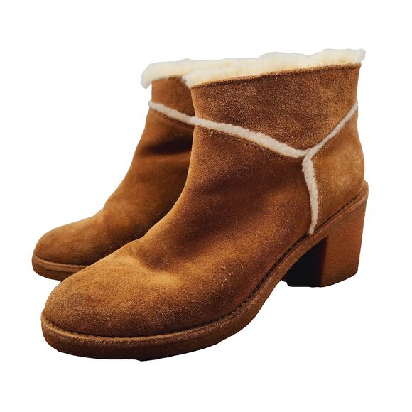 UGG Womens 8 Kasen Brown Suede Ankle Boots Booties Sheepskin Lined Block Heel - Picture 1 of 11